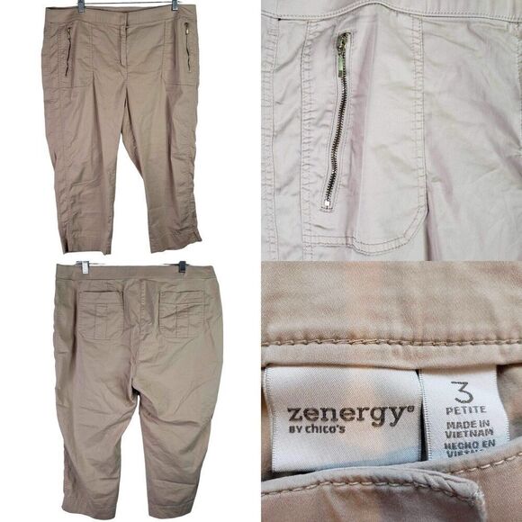 Chicos Zenergy Cargo Cropped Pants Beige High Rise Stretch Capri Size 3 US XL - Picture 1 of 10